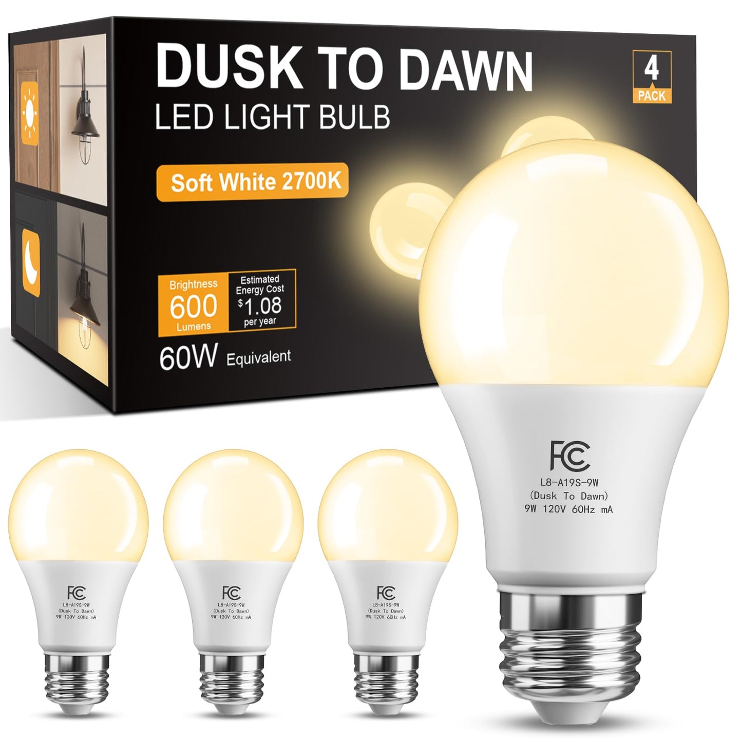 TJOY Dusk to Dawn Light Bulbs, LED Light Sensor, 9W, E26 Base, Soft White 2700K, 4 Pack