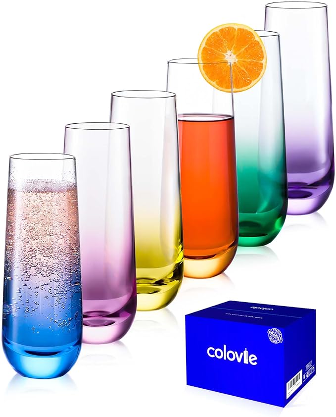 ColoVie Stemless Champagne Glasses Set of 6- Colored Champagne Flutes- Wedding Toasting Glass- Bridesmaid Gift- Mimosa Gla...