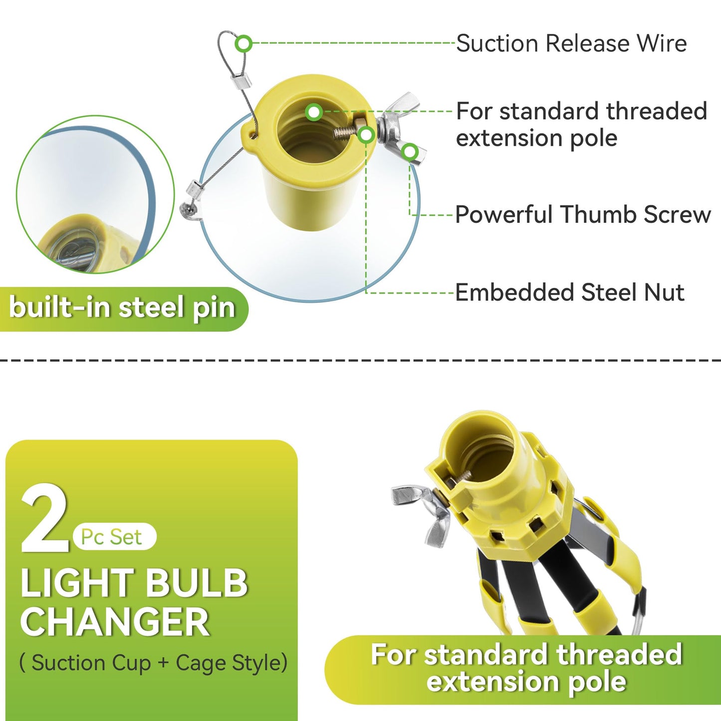 Dreyoo 2 Piece Set Light Bulb Changer  Standard Incandescent Bulb Changer And Suction Cup Light Bulb Changer Compatible With Docapole And Other Standard Threaded Extension Pole (Pole Not Included)