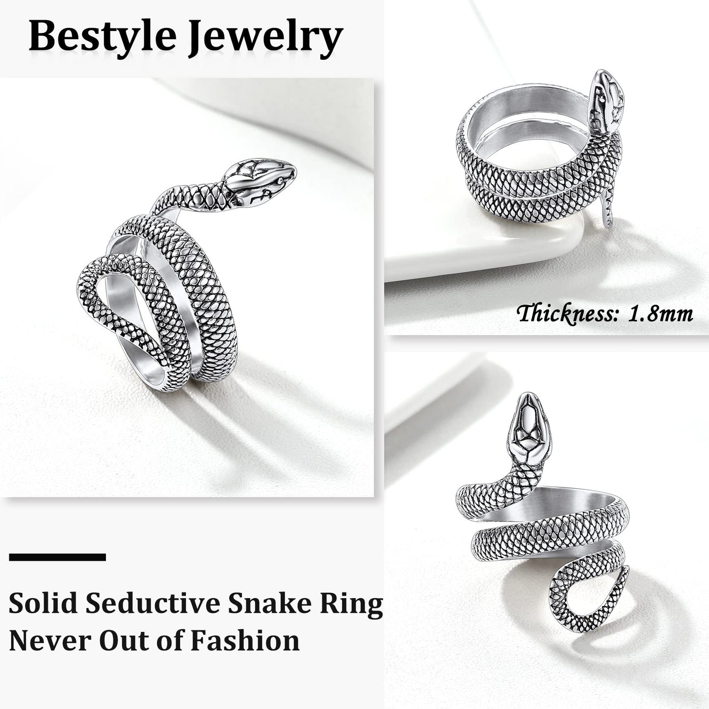 Bestyle Vintage Stainless Steel Snake Ring for Women Men Adjustable Cool Rings Snake Jewelry Gothic Punk Finger Rings Fashion Ha