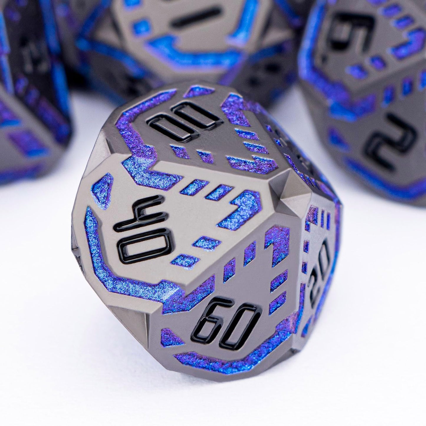 Metal DND Sci-fi Dice Set 7PCS Stripe Polyhedral Dice for Dungeons Dragons RPG Role Playing Game, Glitter D and D Dice with Gift Box D6 D8 D10 D12 D20 (Black&Blue Purple)