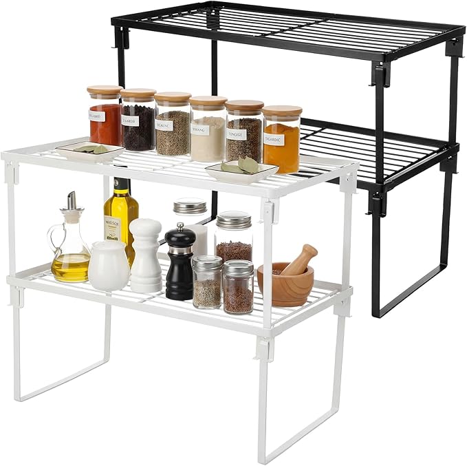 4 Pack Stackable Metal Kitchen Storage Shelf Foldable Racks, Pantry Shelf Cabinet Organizers, Expandable Storage Rack for Cabinet Fridge Bathroom (15 x 8.5 x 6.6, White, Black)