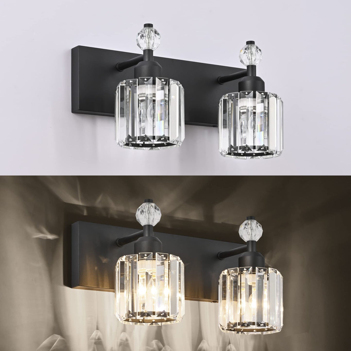 Presde 2-Light Modern Crystal Bathroom Vanity Light Fixture - Matte Black Metal Over Mirror Lighting