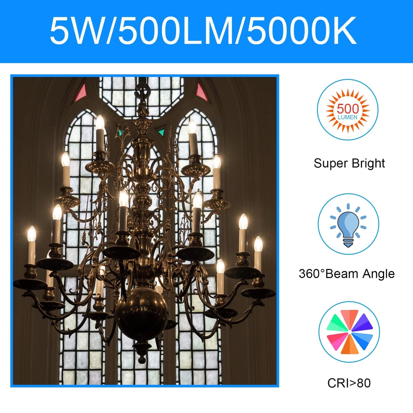 Energetic Led Candelabra Light Bulbs B10, 24 Pack, 5000K Daylight, Dimmable, E12 Base, 60W Equivalent, Glass