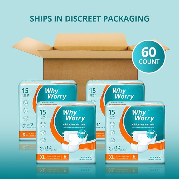 WhyWorry Adult Diapers with Tabs, Disposable Incontinence Briefs for Women & Men with Maximum Absorbency, Adult Briefs for Incontinence Overnight, Odor Control, Unisex, XLarge, 60 Count (4 Pack of 15)