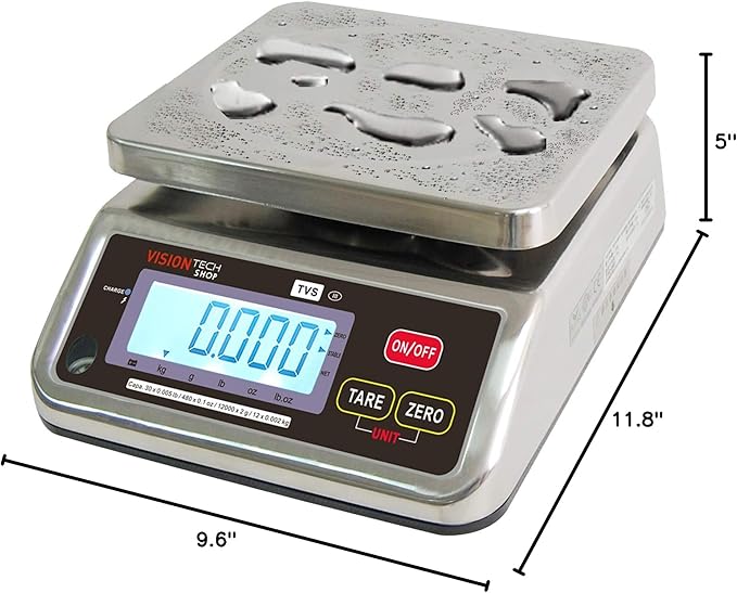 VisionTechShop TVS Portion Control Stainless Steel Washdown Scale, Lb/Oz/Kg/g Switchable, Low Profile Design, 30lb Capacity, 0.005lb Readability, Single Display, NTEP Legal for Trade, NSF Certified