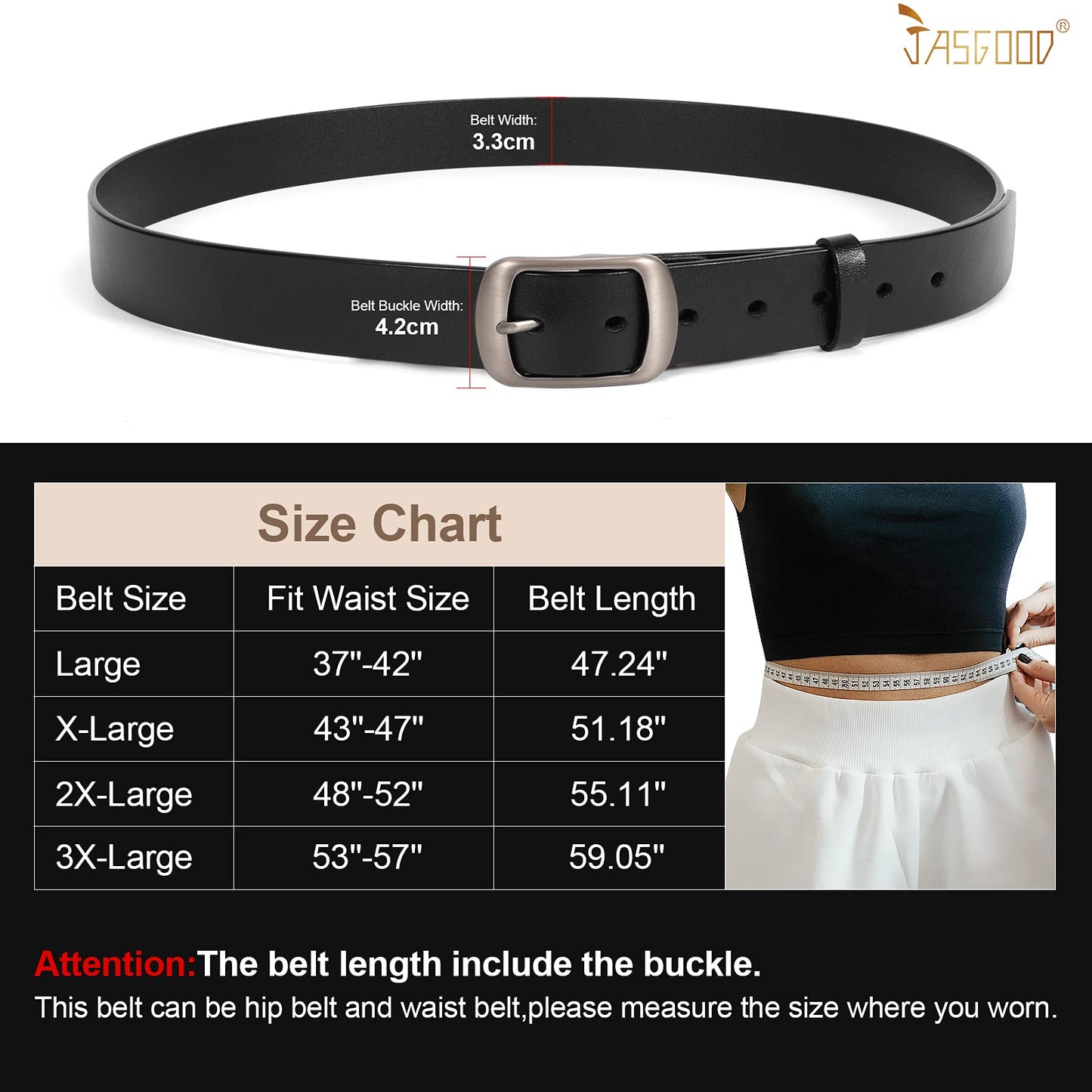 JASGOOD Plus Size Women Leather Belt Black Casual Waist Belt for Jeans Pants with Metal Pin Buckle(Black,Fit Waist Size 48''-52'')