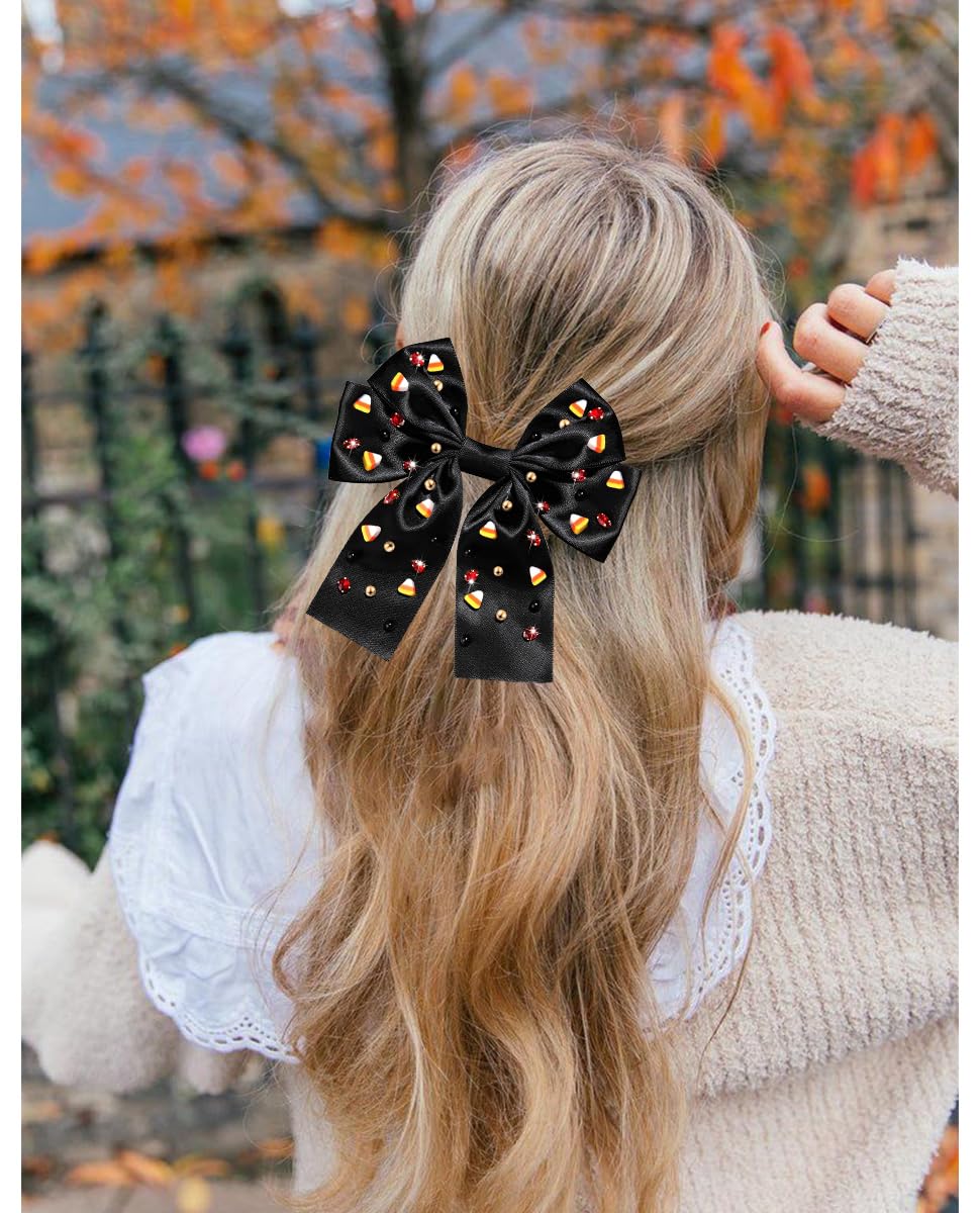 Halloween Hair Bows for Women Halloween Accessories Outfits Cute Candy Corn Hair Bows Jeweled Large Hair Bow Clips Black Orange