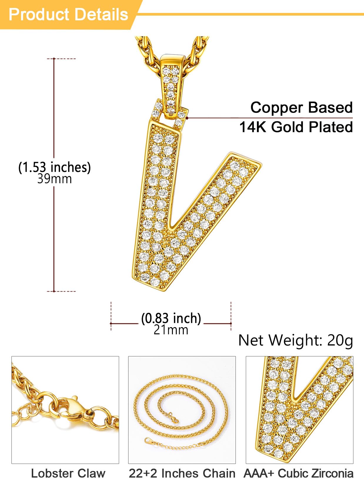 U7 Men 18K Gold Plated Bling Name Chain Full CZ Rapper Costume Jewelry Initial V Necklace