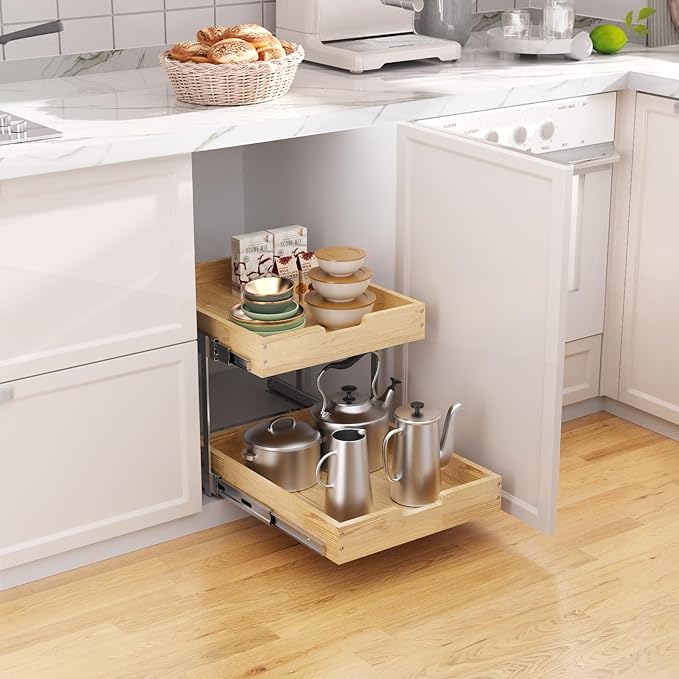 Wood Pull Out Cabinet Organizer 2 Tie 23" W x 21" D, Heavy-Duty Sliding Drawers for Inside Cabinets Storage and Organization for Kitchen, Pantry, Bathroom