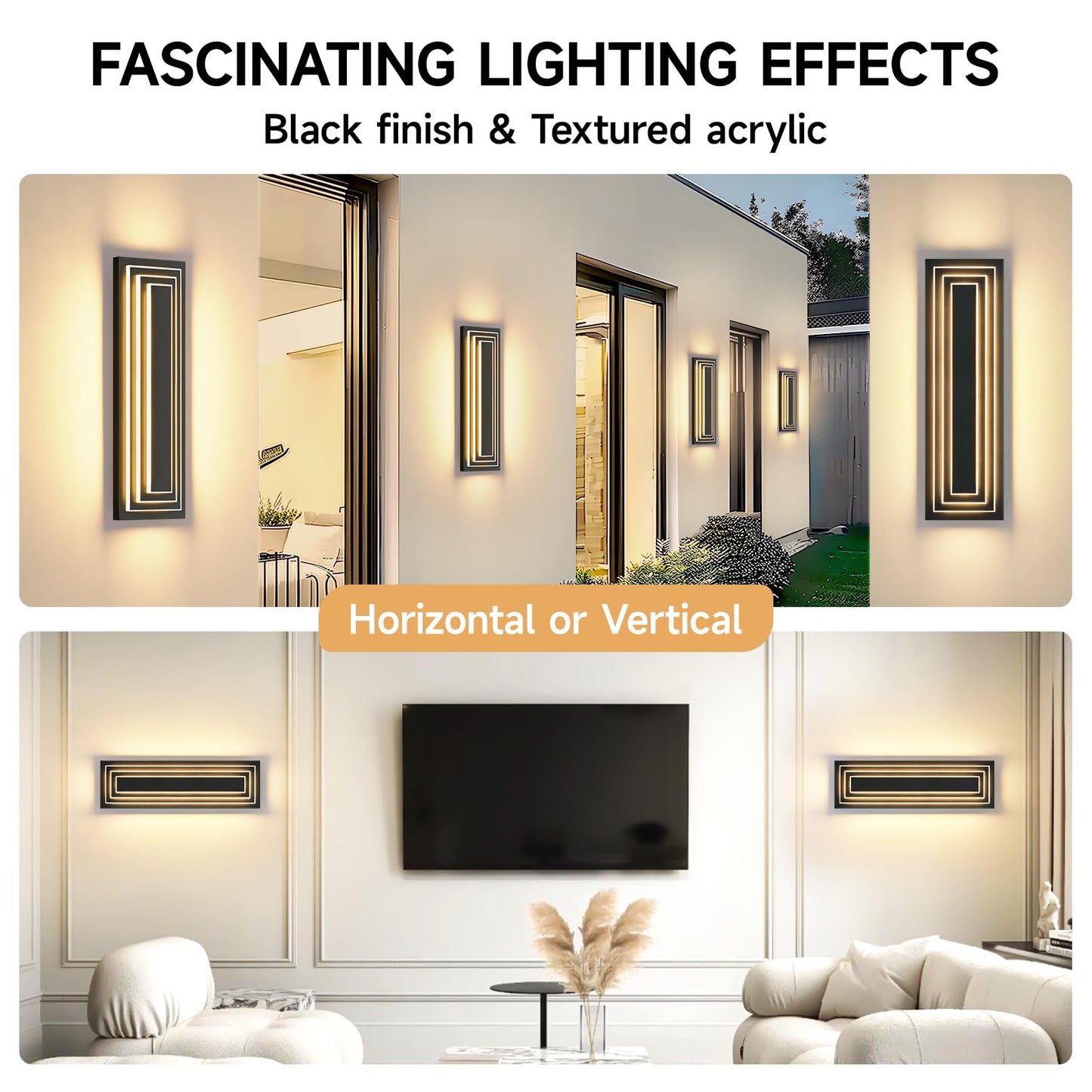 Zsmaiku 23.6 In Long Outdoor Wall Sconce 3-Tier Led Modern Exterior Wall Light Matte Black Outdoor Garage Lighting Fixtures Front Porch Patio Light Waterproof Acrylic Wall Lamp 36 W 3000K Warm White