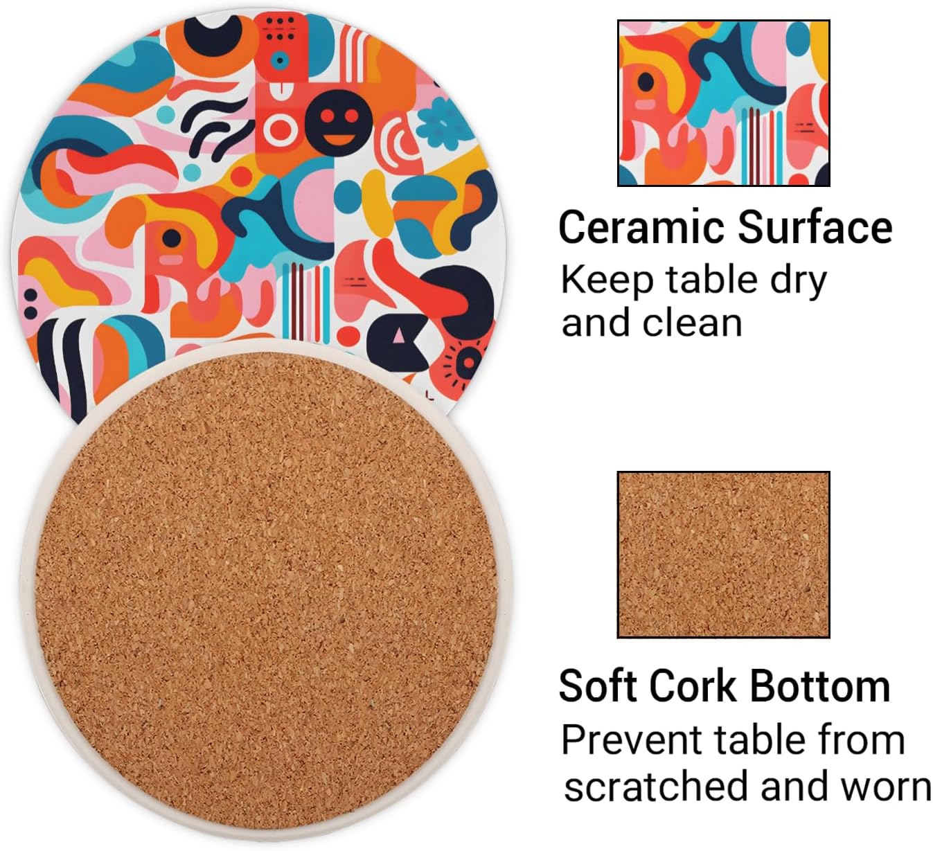 Ceramic Coasters for Drinks with Cork Back, Colorful Abstract Shapes 4 Inch Absorbent Coaster Set 1 Pack, Quick Dry Non-Slip Coaster Mats for Home, Office, Bar