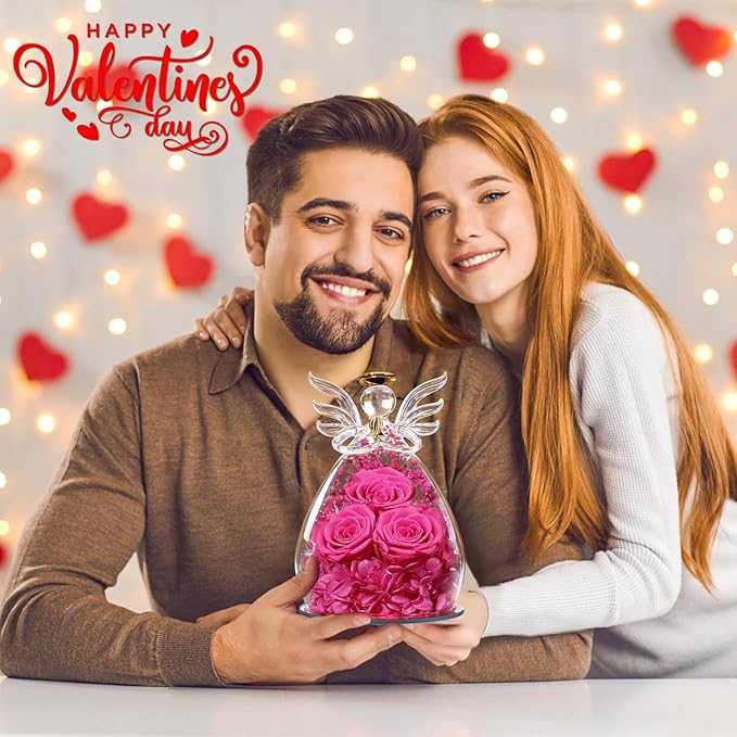Beferr Valentines Day Rose Gifts for Her Women Mom Gifts for Birthday, Fresh Flowers for Delivery Forever Preserved Rose in Glass Angel Figurine, for Grandma Wife Daughter Girlfriend