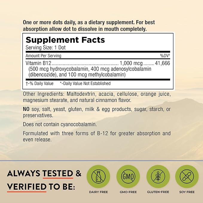 Mt. Angel Vitamins - Triple B-12 Dots | Fast-Dissolving Dots, Blend of Methylcobalamin, Adenosylcobalamin & Hydroxocobalamin, Supports Energy and Nervous System Health – 60 Dots