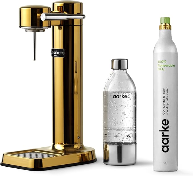 Aarke Carbonator lll with CO2 Cylinder, Sparkling & Carbonation Water Machine, Stainless Steel with PET BPA-Free Reusable Bottle Volume 1L/34 fl oz (Gold)