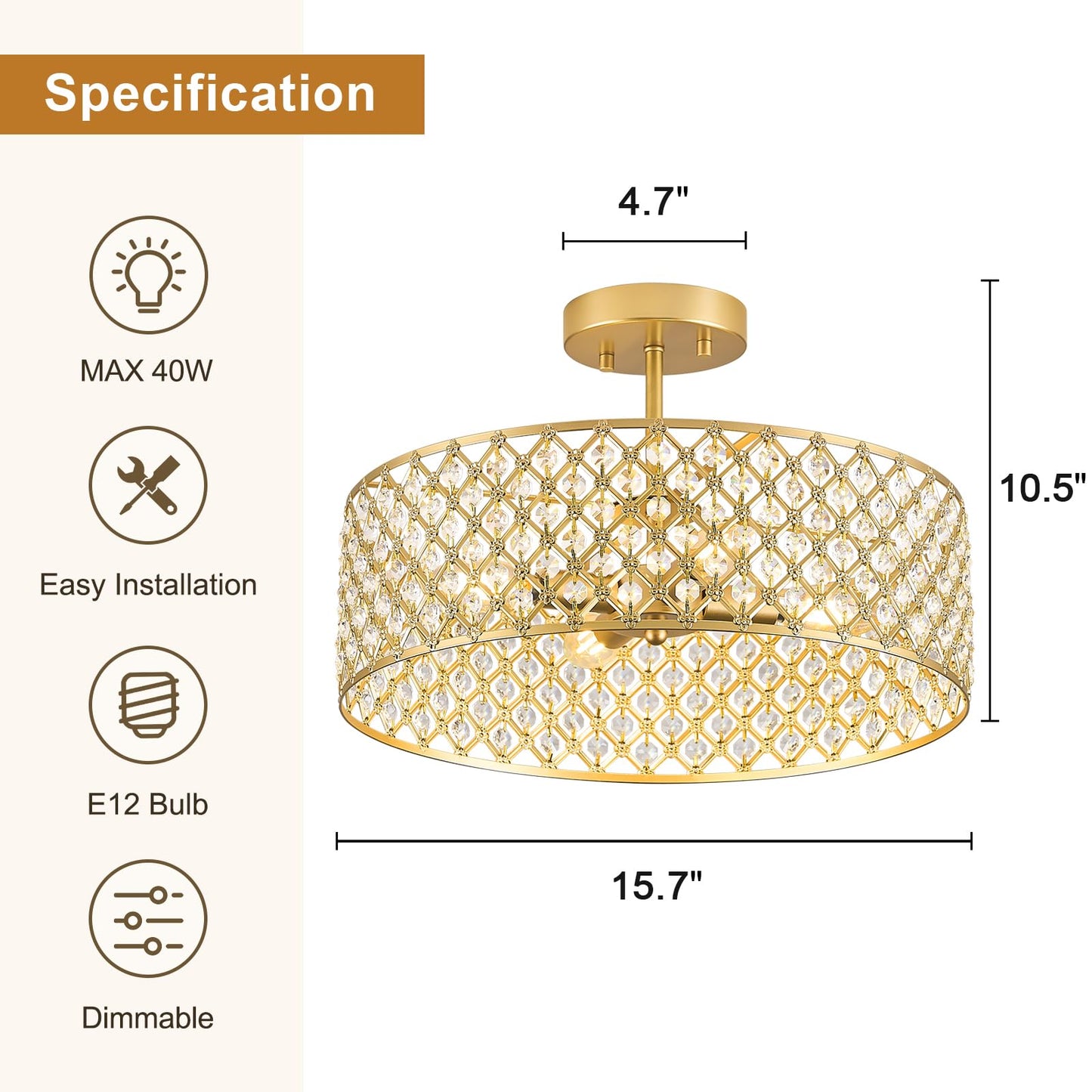 Bzvesr Gold Crystal Ceiling Light Fixture Modern Semi Flush Mount Ceiling Lighting Fixture Round Small Chandelier For Dining Room  Hallway  Entryway  Kitchen  Bedroom Foyer 4 Light 15.7 Inch