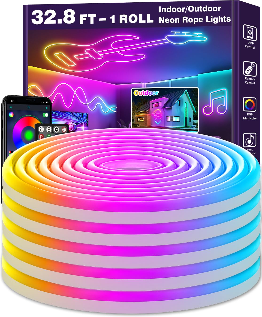 LETIANPAI Neon Rope Lights 32.8FT RGB Waterproof LED Strip with App/Remote, Music Sync, Flexible Design