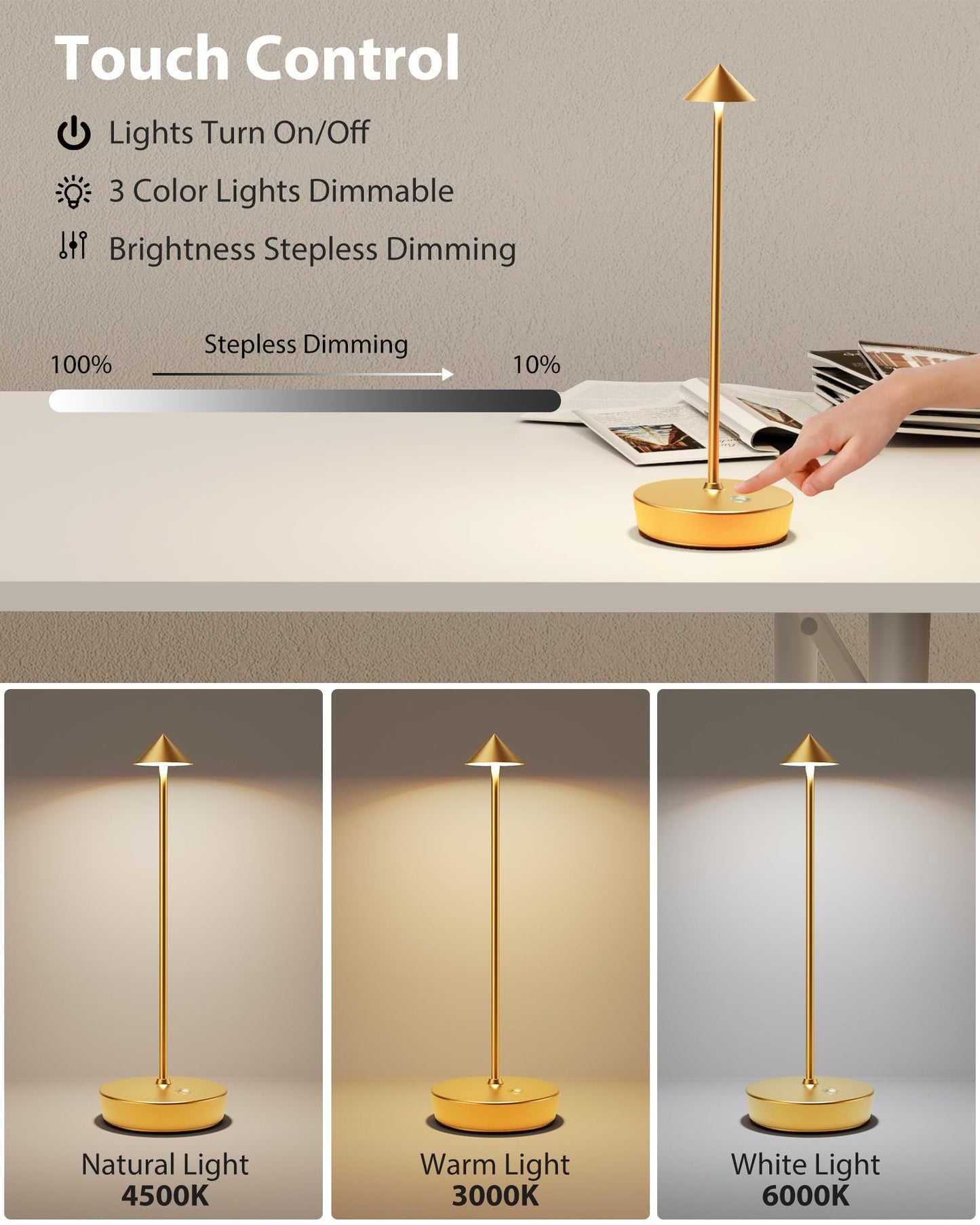 Shangcai Cordless Table Lamps Rechargeable  6000Mah Battery Operated Led Desk Lamp Outdoor Waterproof Portable Touch Dimmable Table Night Light For Patio Restaurant Dining Home Set Of 2 Gold