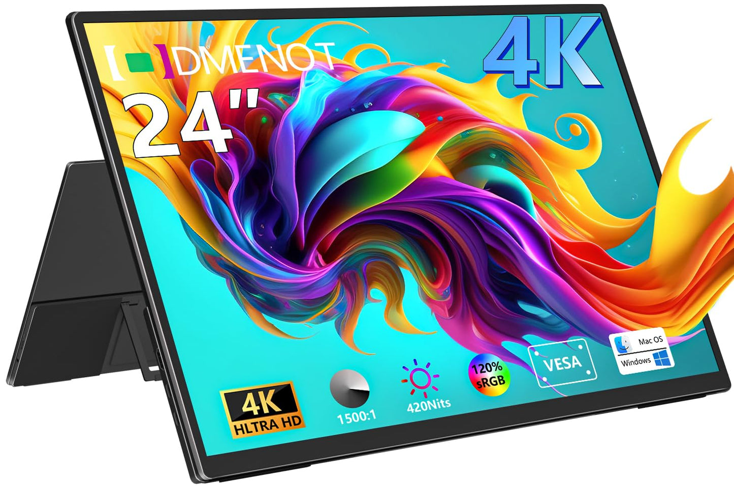 odmenot 4K Large Portable Monitor 24“ Travel Monitor UHD 3840 * 2160 120% sRGB External Second Screen for Desktop Laptop Mini PC MacBook W/Stand VESA HDMI USB-C Gaming Display for PS5/Xbox (OS24-4K)