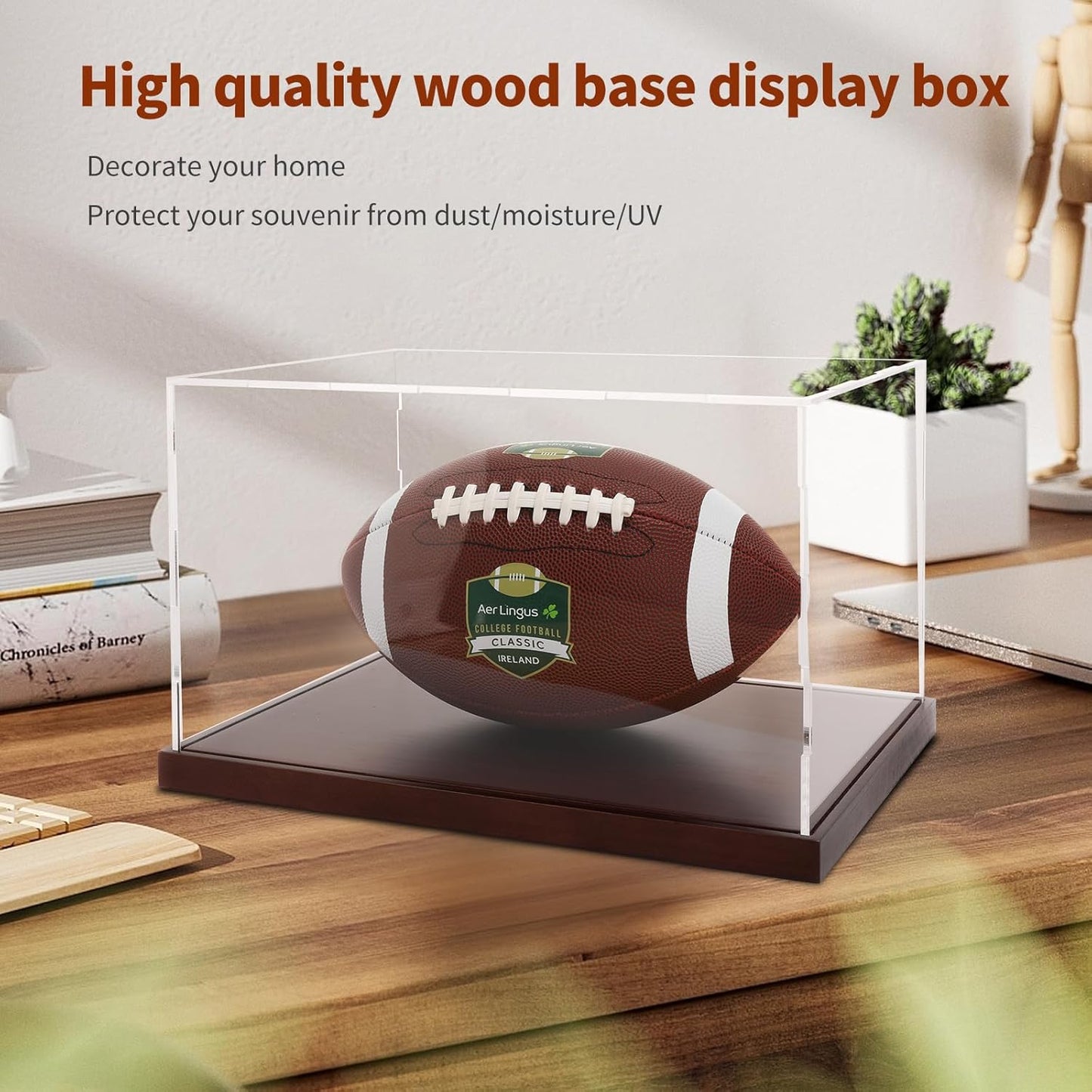 Football Display Box Collectibles Clear Acrylic Display Case Organizing Toys Case Storage Box with Solid Built-in Wooden Base(13.8x9.8x7.9 inch; 35x25x20 cm)