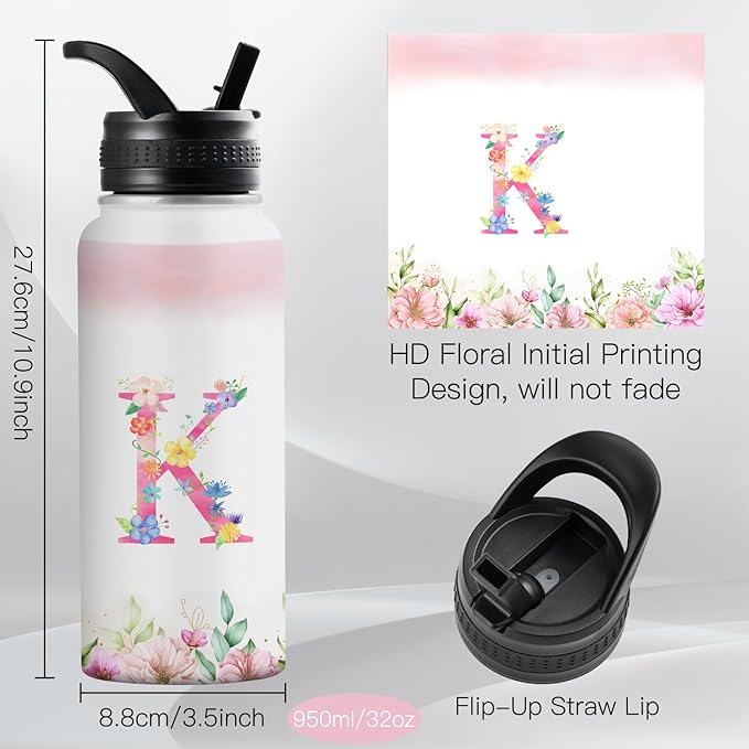 Personalized 32oz Water Bottle with Straw Customized Initial Letter Sport Bottles Monogrammed Initial Insulated Bottle Coffee Mug for Travel (K)