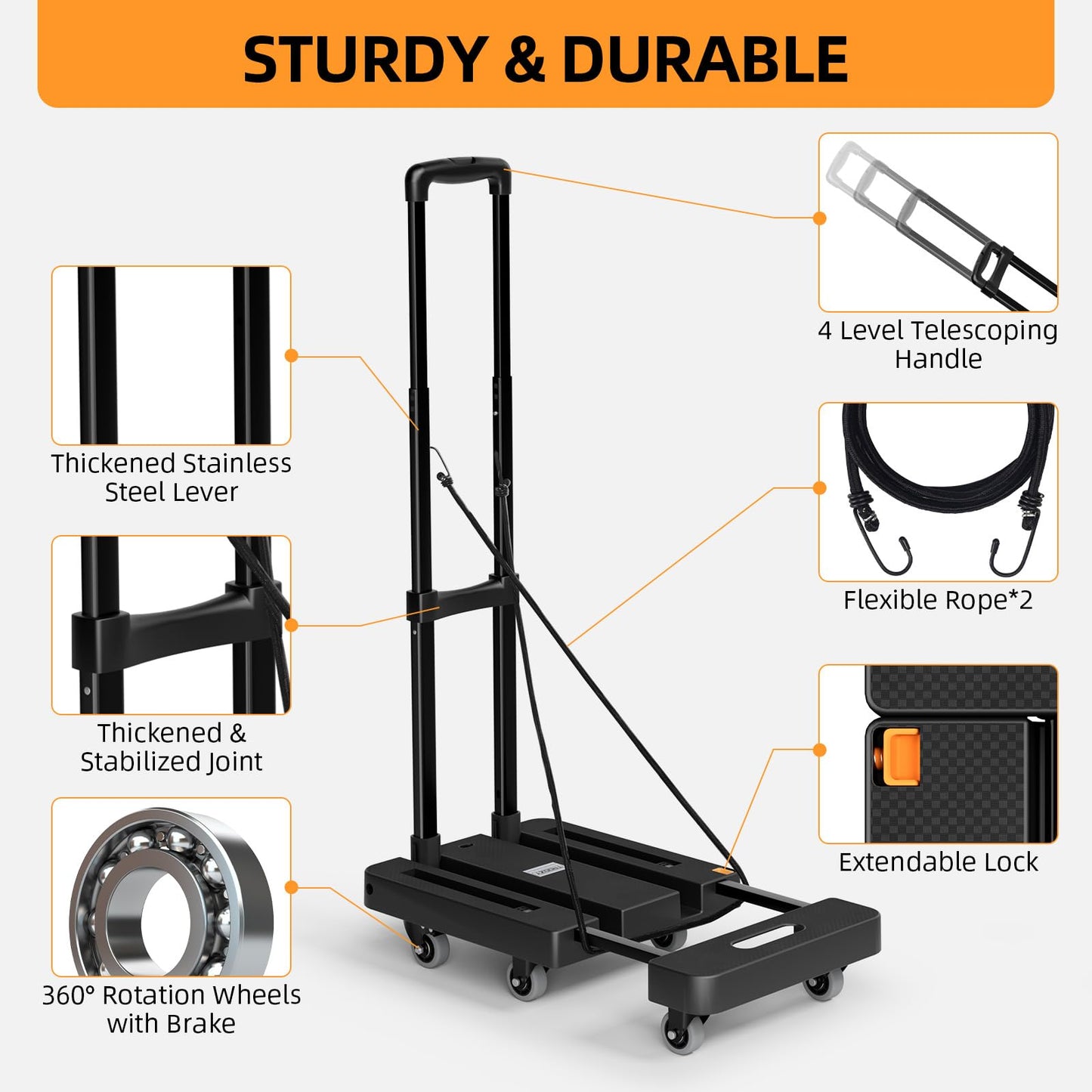 TROOZY Folding Hand Truck, 500 LB Heavy Duty Luggage Cart, Utility Dolly Platform Cart with 6 Wheels & 2 Elastic Ropes for Luggage, Travel, Moving, Shopping, Office Use, Black
