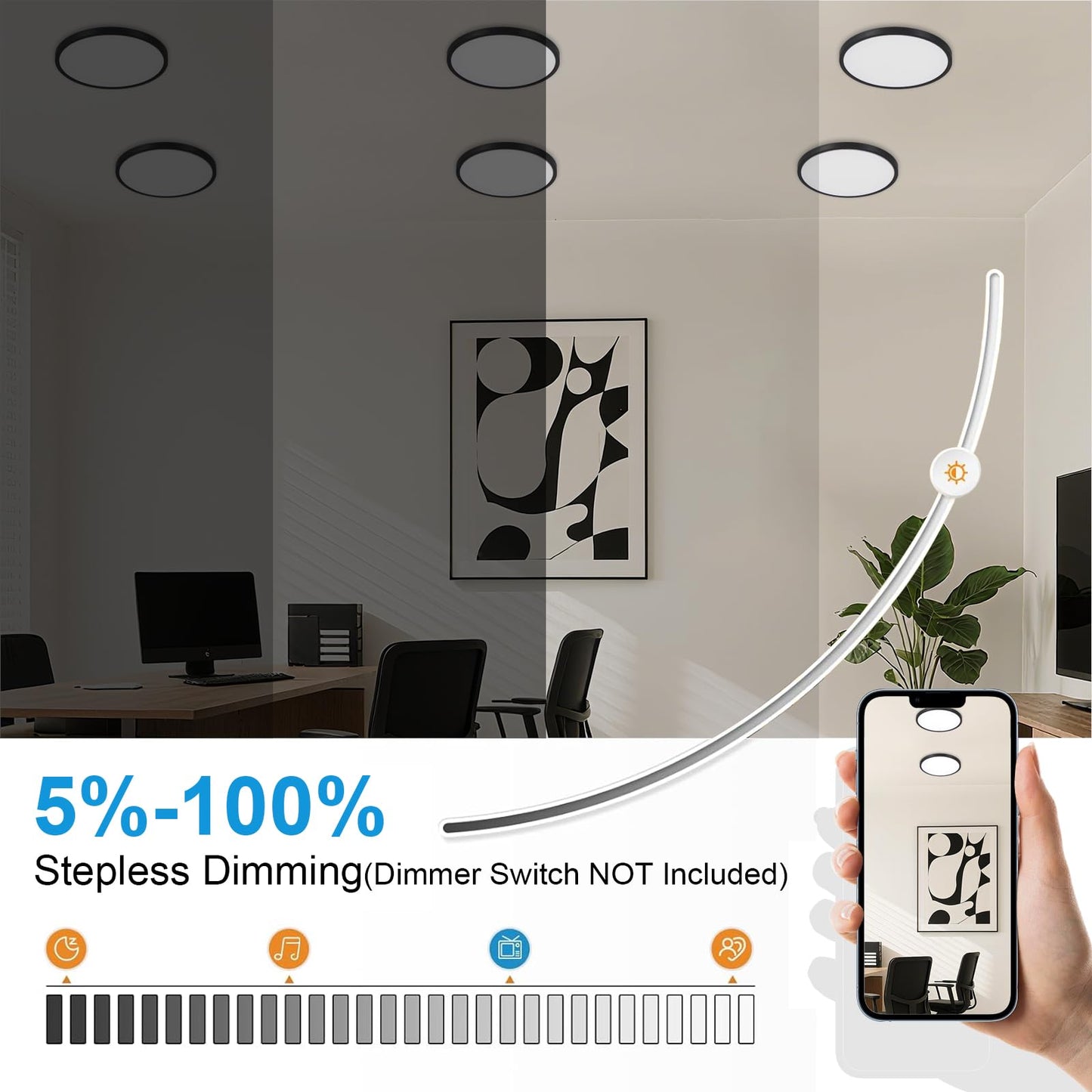DINGLILIGHTING 6-Pack LED Flush Mount Ceiling Light 12in 24W Dimmable 5CCT Plastic Black