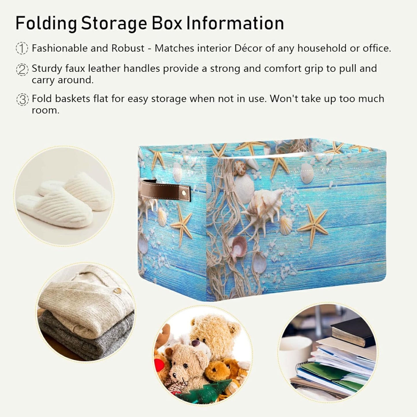 Summer Beach Wooden Starfish Storage Basket Bins, Ocean Nautical Decorative Baskets Storage Box Collapsible Storage Cubes Organizer with Handles for Nursery Shelf Closet Office Home Bedroom,1