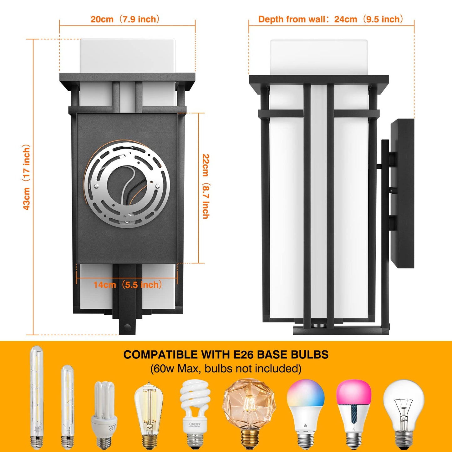 Yoenecea Outdoor Wall Lights, 17H Aluminum & Frosted Glass Lantern, Black, Model Yx-Bd01, Modern Design For Porch, Garage, Patio