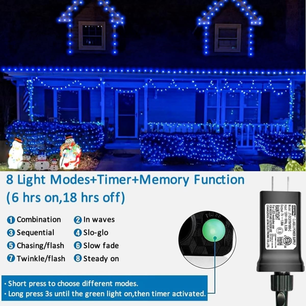 Yeguo 165Ft 500 Led Blue Christmas Lights Outdoor Waterproof  Green Wire String Lights Indoor  8 Modes Twinkle Tree Lights Plug In With Memory Timer For Holiday Festival Xmas