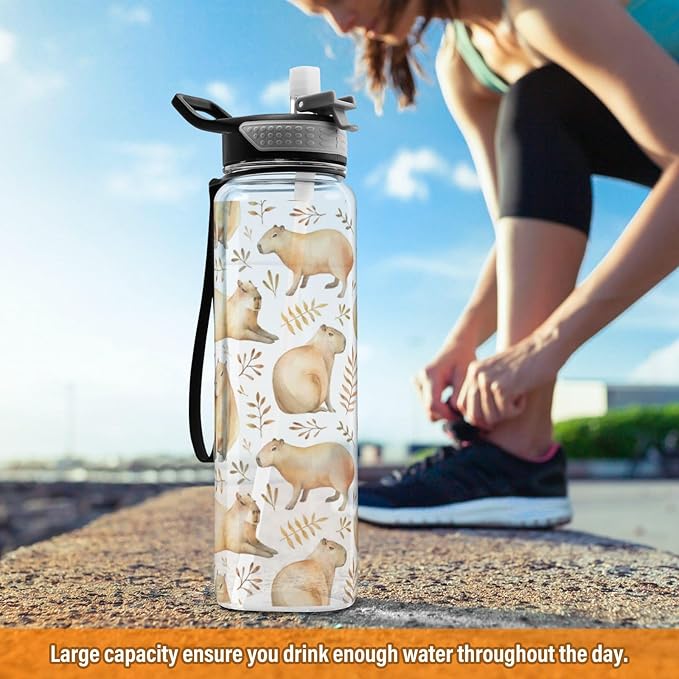 Capybaras Water Bottle with Straw Leafs Sports Bottles BPA-Free Tritan Water Jug with Carrying Strap for Gym Office Outdoor Sports