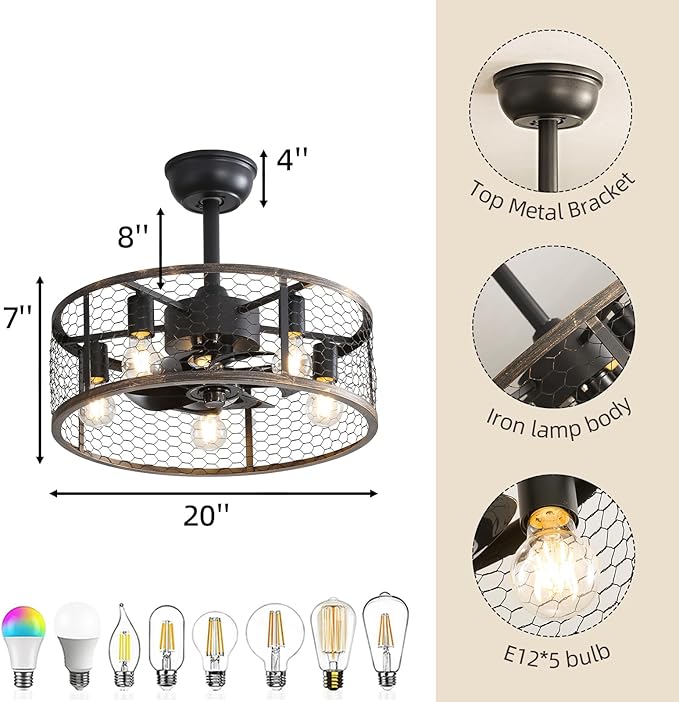 NicBex Ceiling Fan 20 Inch Ceiling Fans with Lights Caged Ceiling Fan with Blades and Remote Control Down Rod Mount Ceiling Fans for Bedroom, Living Room, Black Gray