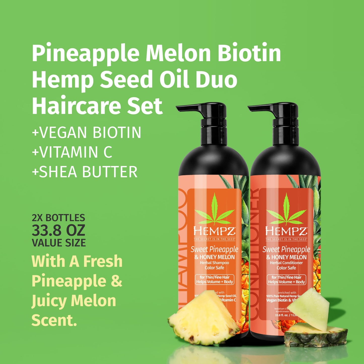 HEMPZ Hair Shampoo & Conditioner Set - Sweet Pineapple & Honey Melon Scent for Thin/Fine Dry, Damaged and Color Treated Hair, Hy