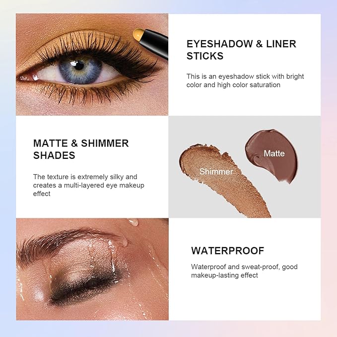 CHIFURE Eyeshadow Stick, Shimmer and Matte Cream Eye Shadow Brightener Sticks Eyeliner Pencil Crayon, Waterproof Long Lasting Eye Highlighter Stick Makeup,0.056 Oz(#6-Oyster)