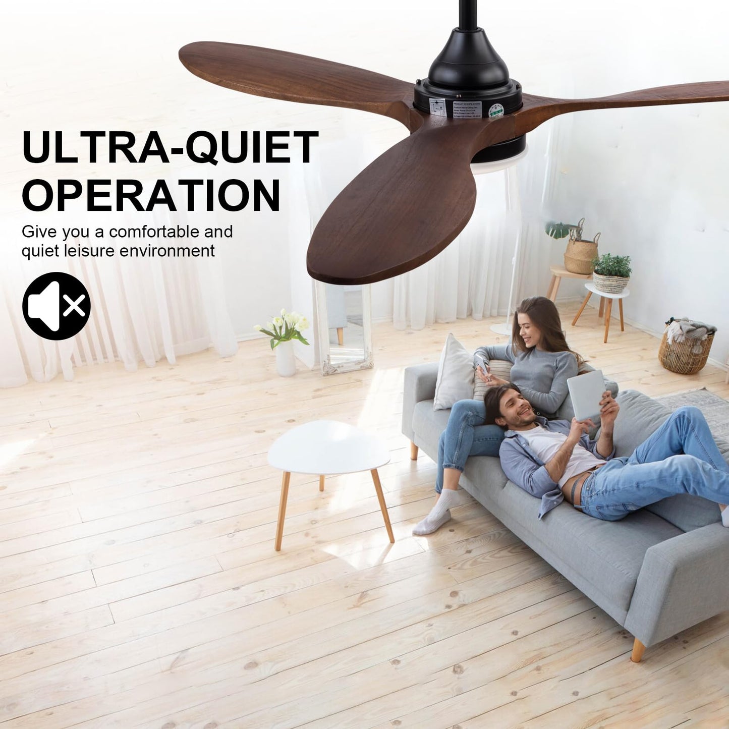 BOJUE 52 Inch Ceiling Fan with Light, Dimmable LED, Walnut Wood cutting edges, Indoor Outdoor Use