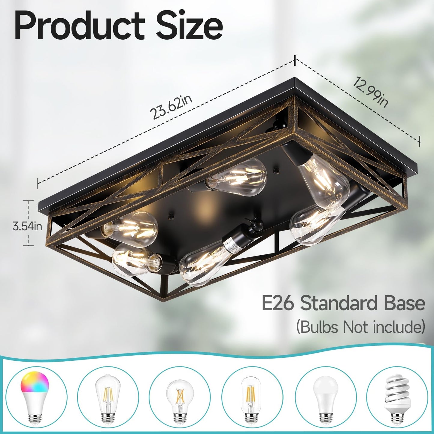 DIKAIDA 6-Light Rustic Black Ceiling Light Fixture, Industrial Metal Cage, Flush Mount, 23in for Kitchen, Hallway, 1 Pack