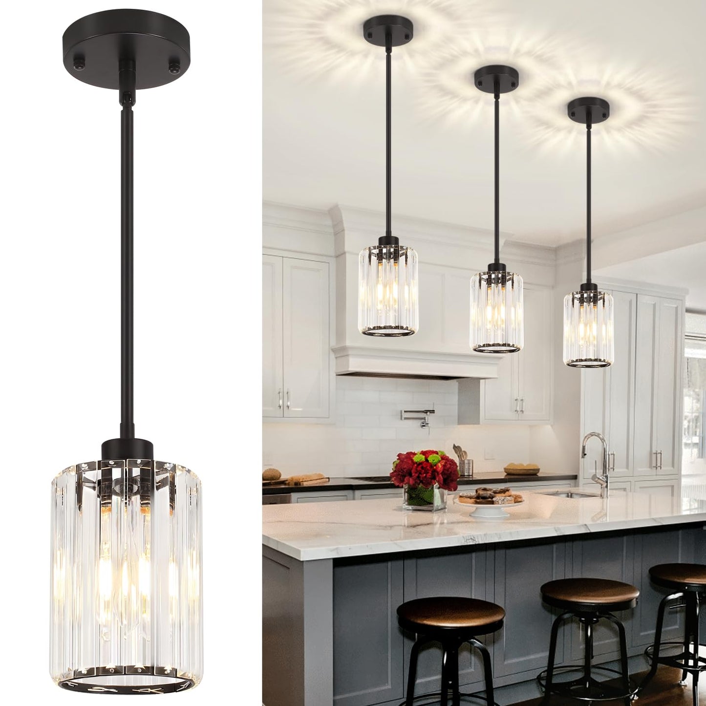 Zsmihdoh 3 Pack Black Pendant Light  Modern Crystal Pendant Lights Kitchen Island Lighting  Hanging Light Fixtures Mini Chandelier Pendant Lights For Island Dining Room Hallway Bedroom