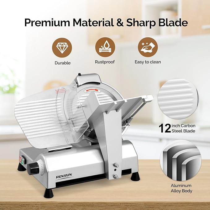 ROVSUN 270W Commercial Meat Slicer, 12 inch Electric Meat Slicer Machine with Adjustable Thickness(0-18mm), Frozen Meat Deli Cheese Food Slicer with Upgraded Carbon Steel Blade for Home and Commercial