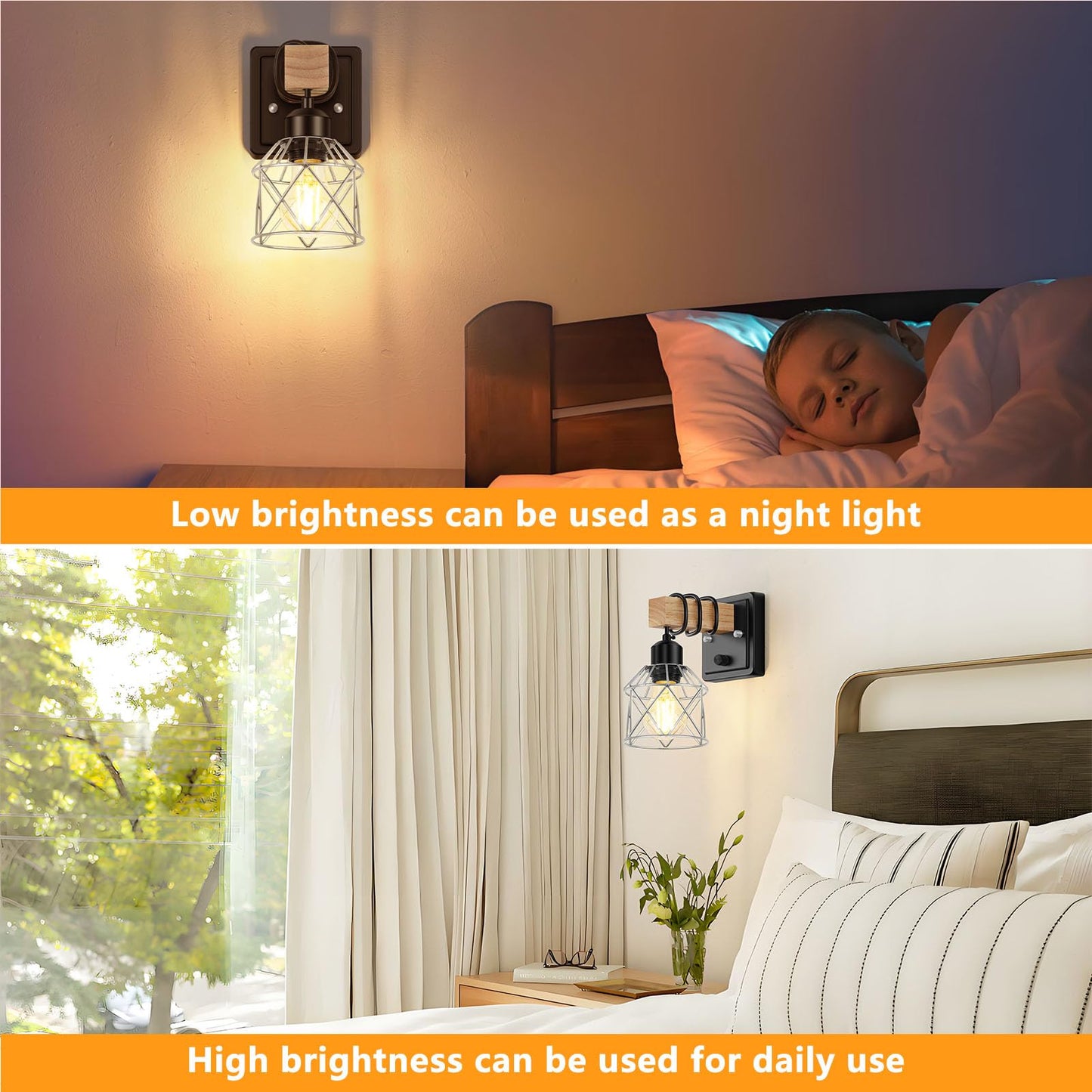 Fadimikoo Wall Sconces Set Of Two  Bedside Wood Wall Lamps With Rotary Switch  Black Bathroom Vanity Light With Silver Wire Cage  Rustic Dimmable Sconces Wall Lighting For Living Room  Hallway  Mirror