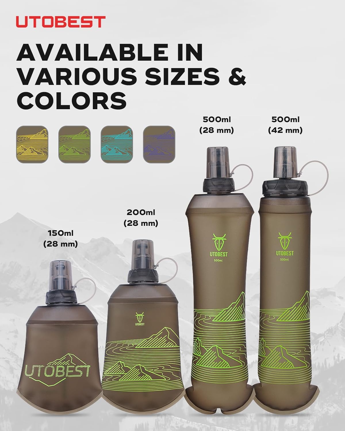 UTOBEST 150ml Soft Flask, 2 Pack Flexible TPU Hydration Water Bottle, Collapsible with 28mm Caliber for Running, Hiking, Cycling, Climbing, and Marathon Green
