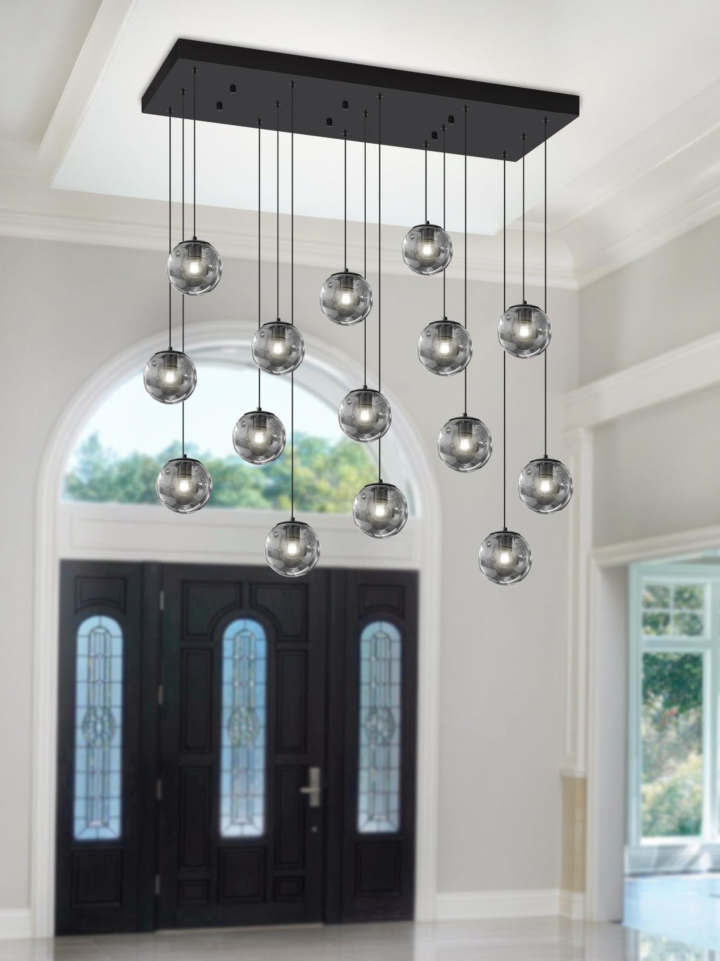 Ykolupty Rectangular Chandelier Smoke Gray Chandelier For Dining Room Large Chandeliers For High Ceiling 16-Lights Entryway Modern Lighting Fixture Globe Pendant Light For Living Room Foyer Hallway