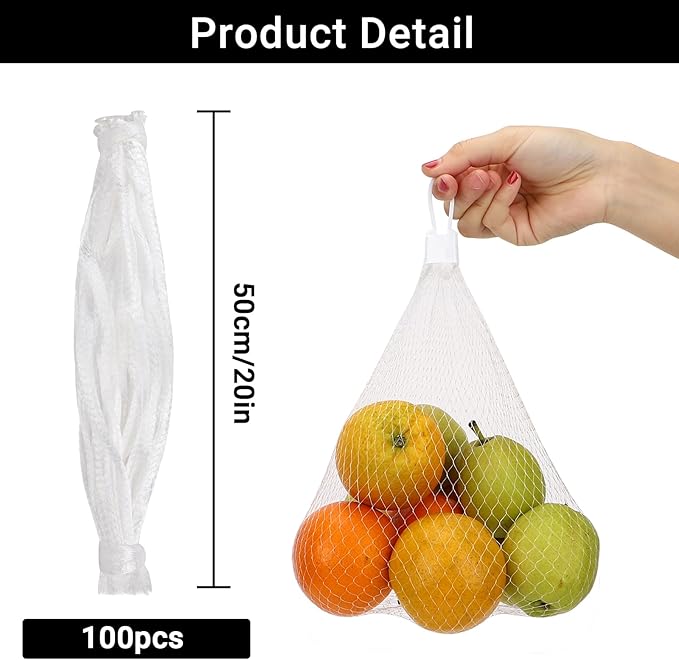 100 Pack Mesh Bags for Vegetables, Seafood Boil Bags with Loop-Style Closures, Reusable Produce Bags for Crawfish Boil Crab Boil Garden Trellis Fruit Hammock Onion Storage, 19.7 inch White