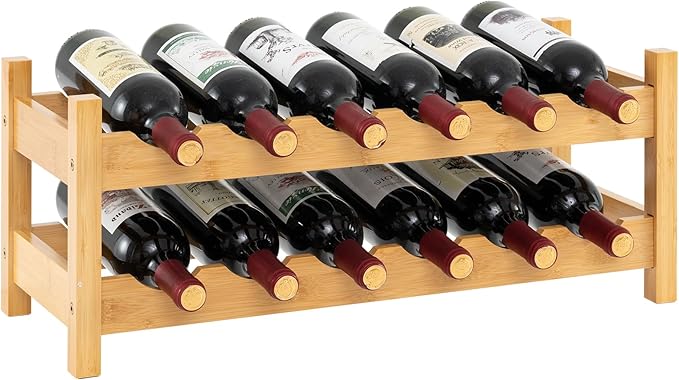 Giantex Bamboo Wine Rack, 2 Tier 12 Bottle Wine Storage Cabinet Shelf, Small Wine Rack Bottle Organizer Freestanding Counter, Countertop Wine Racks for Kitchen, Bar, Pantry & Wine Cellar, Natural