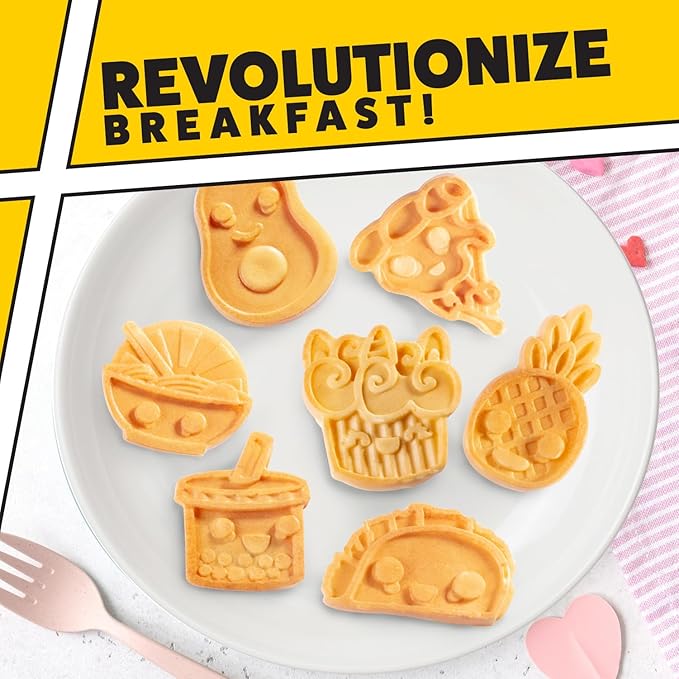 Fun Food Friends Mini Waffle Maker- 7 Different Kawaii Style Design Pan Cakes Feat. Avocado Pizza Ramen Taco & More- Cool Electric Nonstick Waffler Iron, Morning Breakfast w Recipes - Kids Xmas Gift