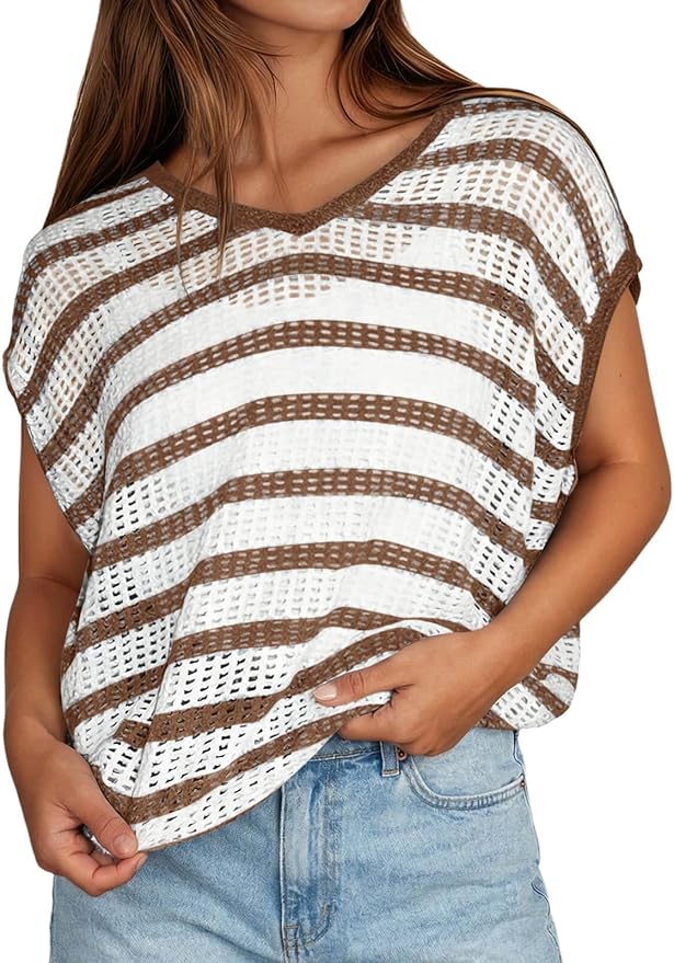 Yousify Womens Summer Crochet Tops Cap Sleeve Knit Pullover Sweater Vest V Neck Cover Ups Beach Vacation Clothes