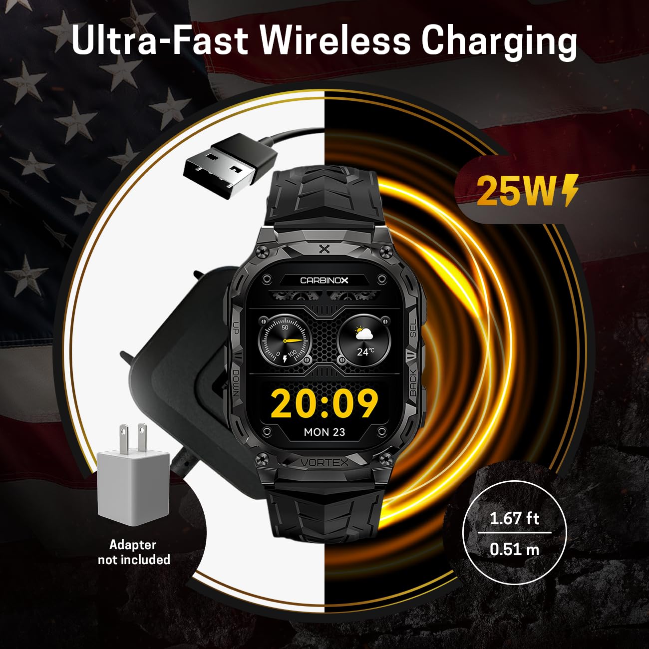 CARBINOX Vortex Smart Watch with Charger, Rugged Fitness Tracker IP69K Waterproof Compatible with Android and iOS Phone, 14 Days of Battery Military Durable