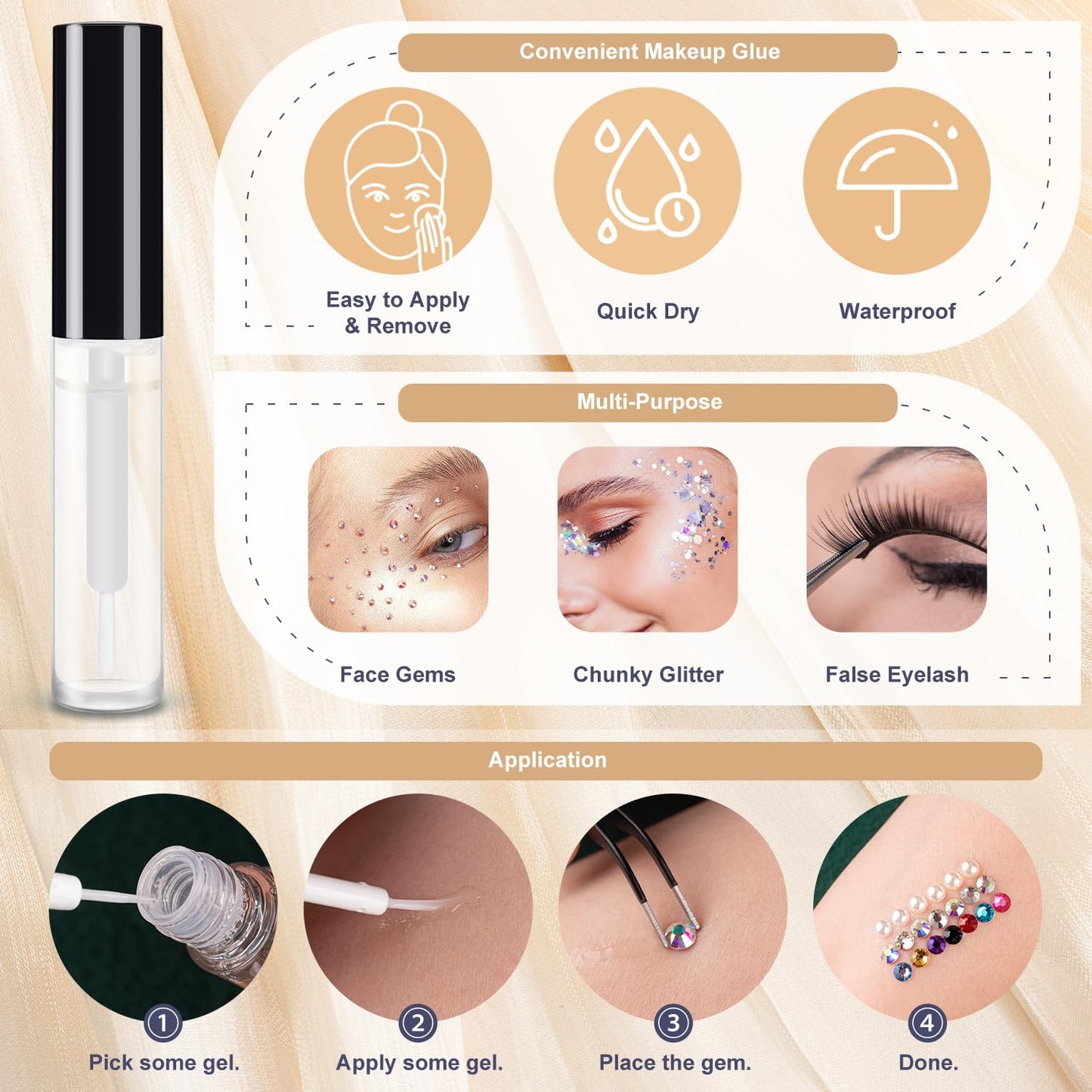 Colorful Face Gems for Makeup Set, Flatback Gorgeous Clear Glass Gem, Mixed-Colored Crystals with Makeup Glue+Picker Pencil+Tweezer+Dual-End Dotting Tool for Eye Body Hair Make-up and Nail Art Deco