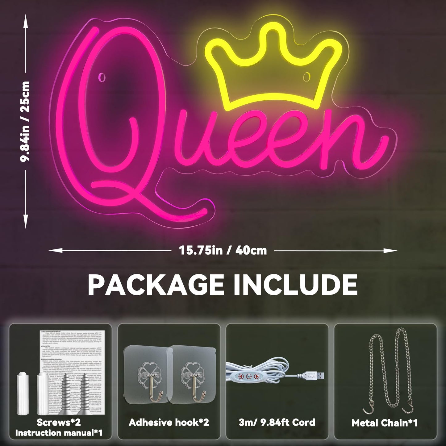 Queen Neon Signs Beautiful Pink Led Neon Lights Dimmable Led Light Sign For Girls Room Birthday Party Bedroom Lady Gifts Wali Decoration  Pink + Yellow