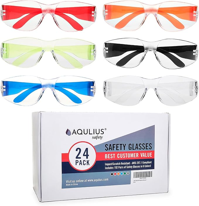 Aqulius 24 Bulk Safety Glasses for Men & Women - ANSI Z78.1 Certified - Scratch/Impact Resistant Crystal Clear Eye Protect...