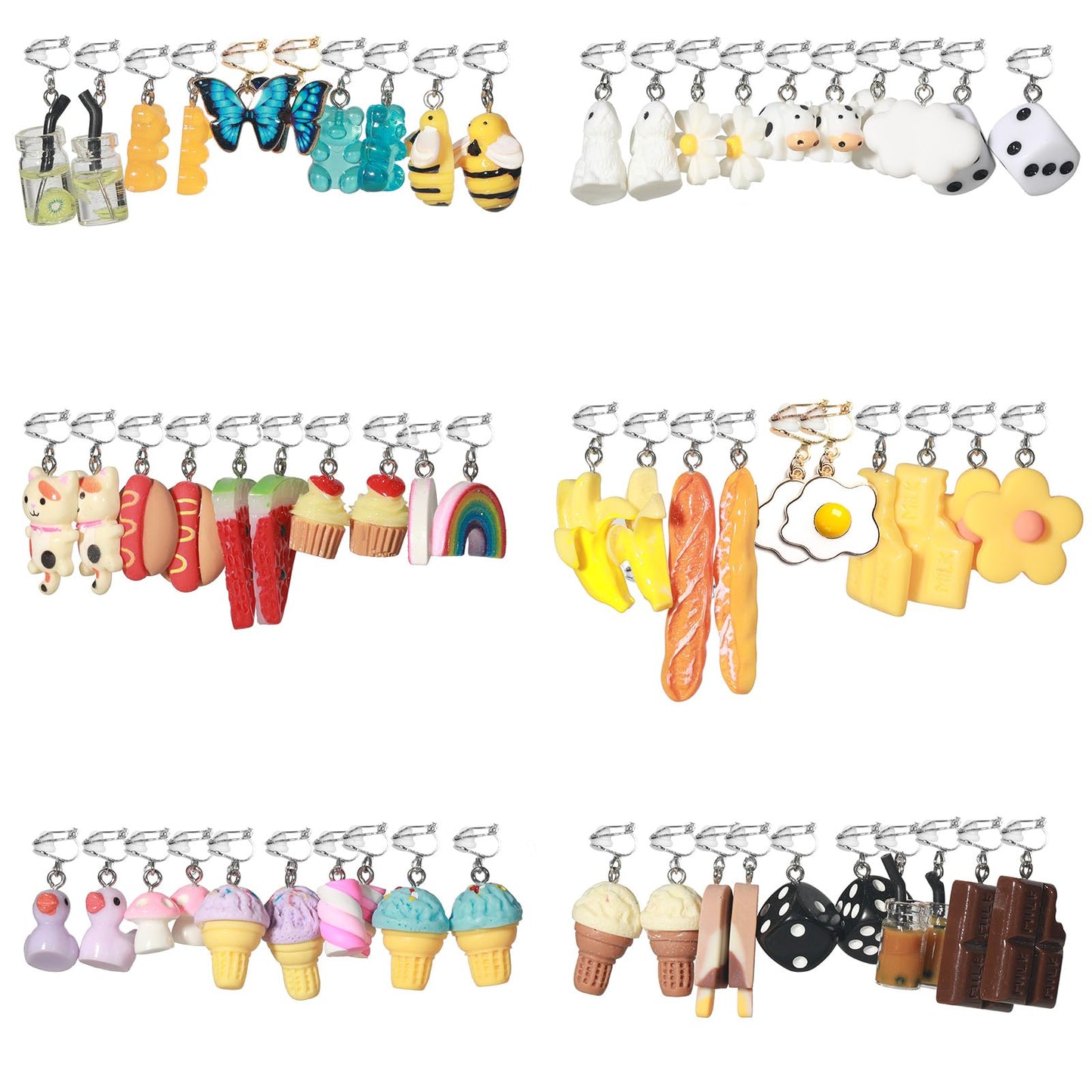 30 Pairs Clip On Earrings Cute Weird Funny Aesthetic Non Pierced Dangle Earrings Set for Women (Clip On V3)